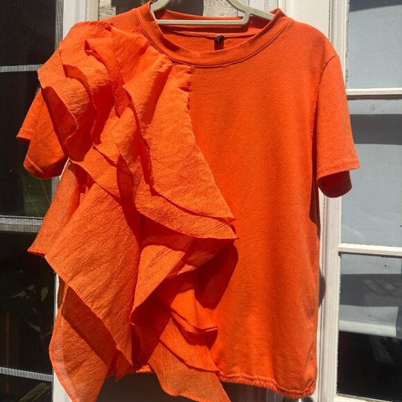 N by Nancy Orange Tee / Top with Ruffle, Size M - Picture 1 of 6